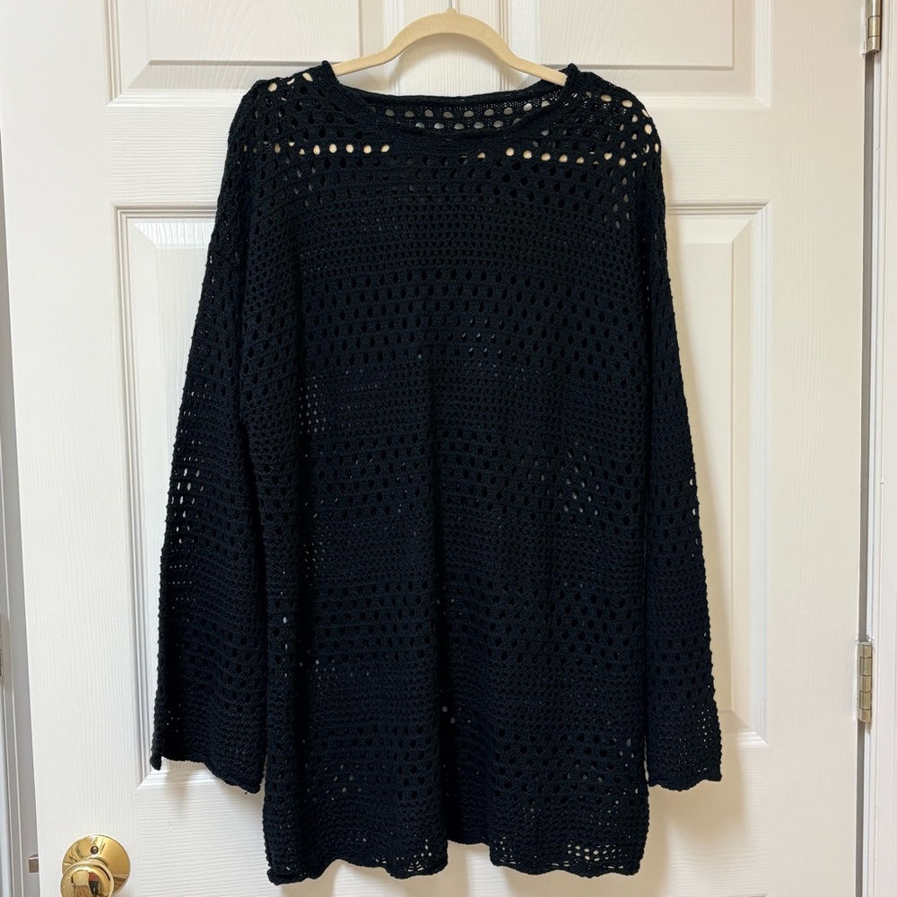 Black Crochet Long-Sleeve Swim Coverup